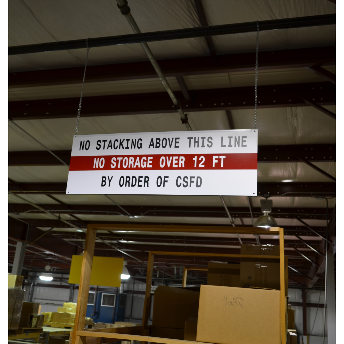 Hanging warehouse sign with custom graphics