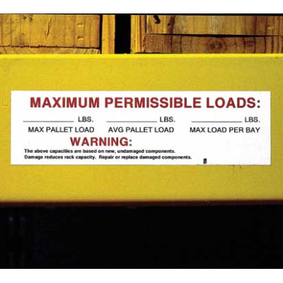 Pallet rack capacity labels to indicate permissible weights on warehouse racks Pallet rack capacity labels to indicate permissible weights on warehouse racks