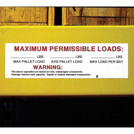 Pallet rack capacity labels to indicate permissible weights on warehouse racks Pallet rack capacity labels to indicate permissible weights on warehouse racks