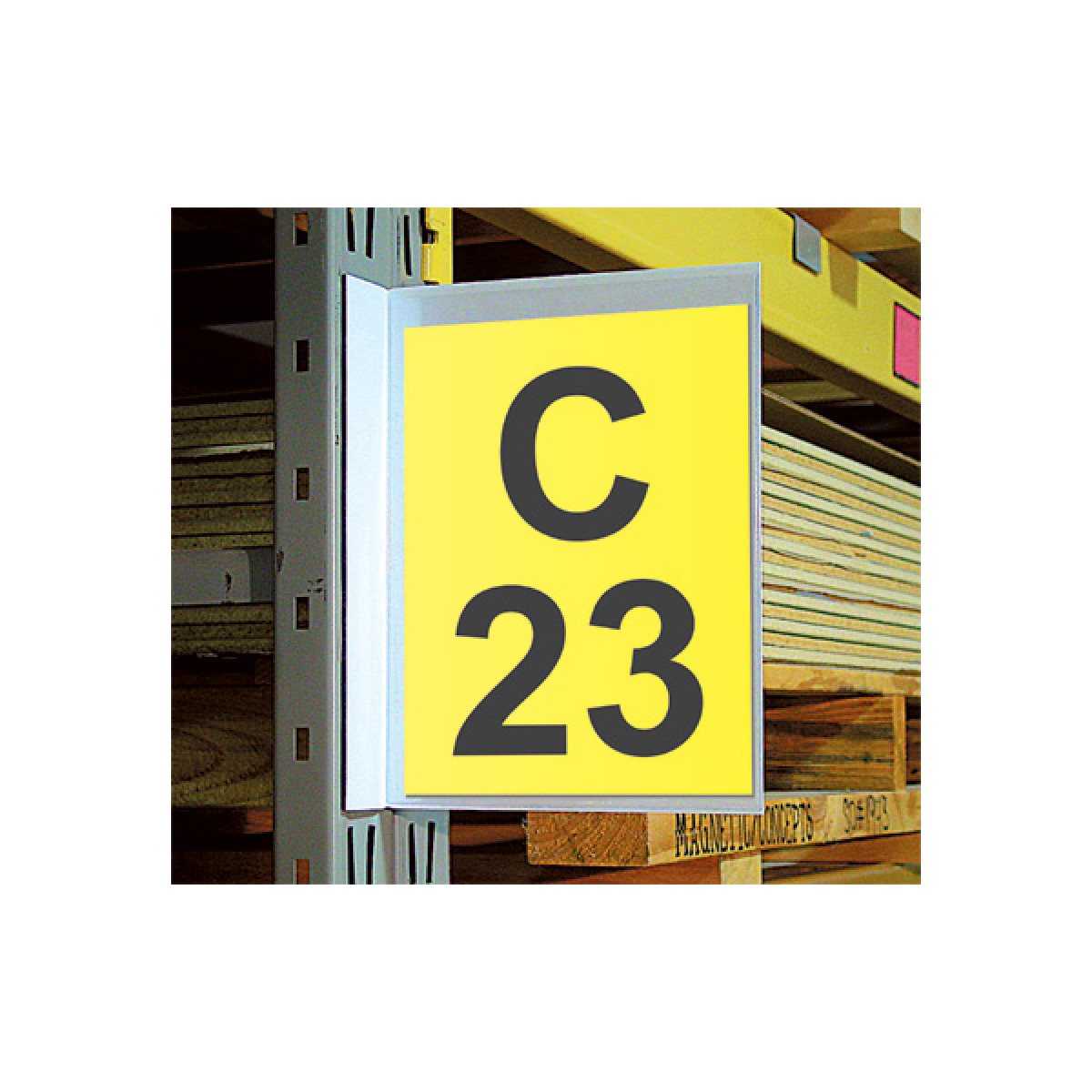 white aisle location magnetic pouch sign on a warehouse rack upright white aisle location magnetic pouch sign on a warehouse rack upright