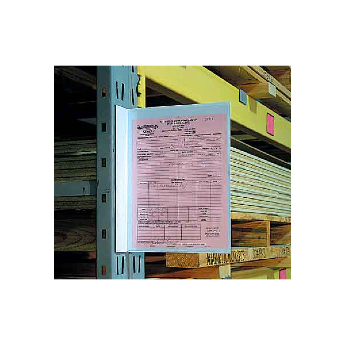 warehouse aisle sign pouch on a warehouse rack upright 