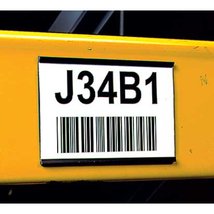 Magnetic rubber card holder with 3x5 bar code label on warehouse rack  Magnetic rubber card holder with 3x5 bar code label on warehouse rack