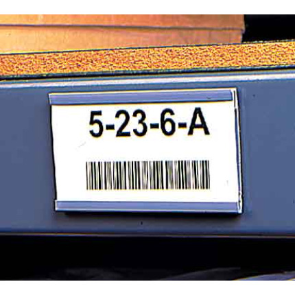 Plastic card holder with magnetic backing on warehouse shelf  Plastic card holder with magnetic backing on warehouse shelf