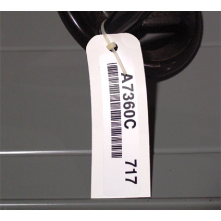 Warehouse label mount tag with a bar code label 